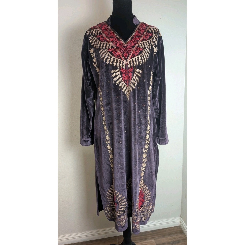 Me-Glow Pacific Women's 2XL Velvet Embroidered Maxi Dress Purple Gold Red